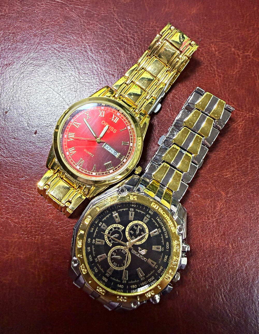 Lot of 2 Men’s Quartz Watches ORISS Red Dial Orlando Chronograph Gold Tone
